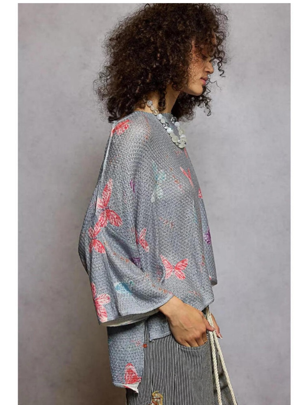 POL Gray Knit Top with Pink & Aqua Butterfly Print - Picture 3 of 5